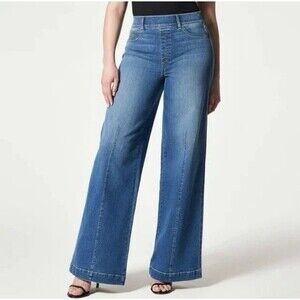 SPANX Seamed Front Wide Leg Jeans Women’s Large L Vintage Indigo Wash Slimming